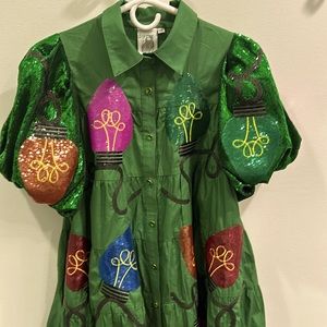 XS Green Christmas Light Sequin Poof Sleeve Dress
